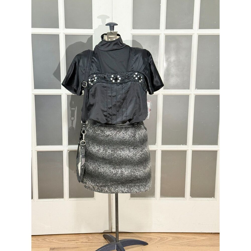 Karl Lagerfeld Paris Tweed Mini Skirt Black Grey Faux Leather Waistband Size 10